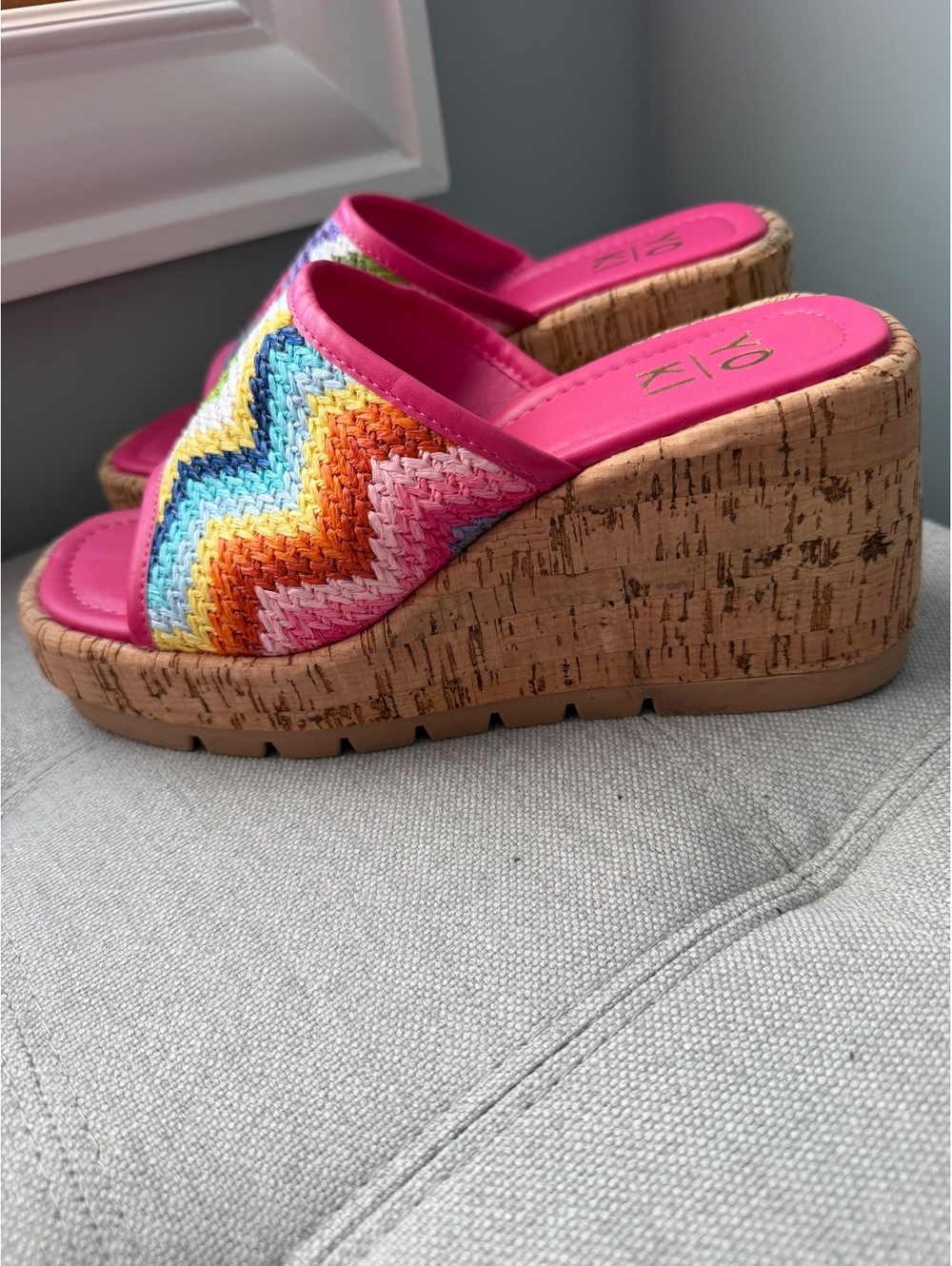 Yoki Women's Colorful Woven Wedge Sandals with Pink Trim